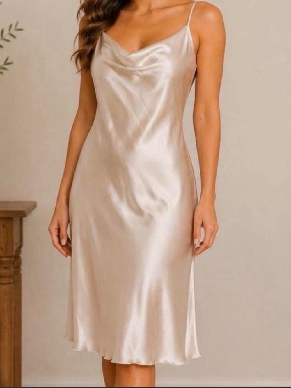 bebe Satin Cowl Neck Slip Dress in Champagne